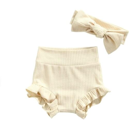 Kids Baby Shorts 2021 Newest Summer Sweet Style Solid Color High Waist Elastic Kniited Shorts Headband Casual Clothing 0-18M