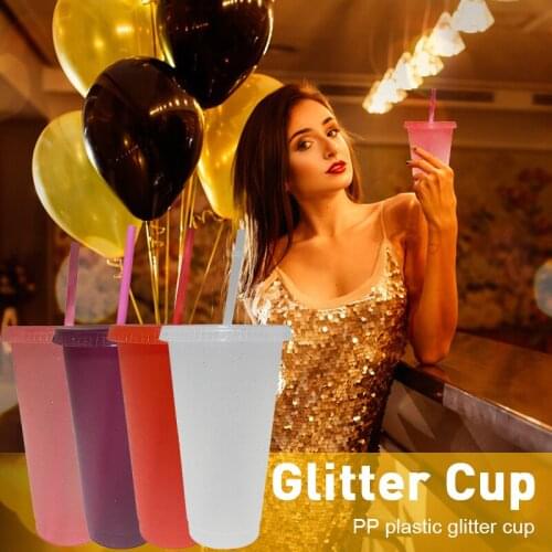 Flash Powder Shiny Glitter Plastic Tumbler With Lid Straw Cups Cold Coffee Juice Tea Cups Travel Mug Drink Bottle 5pcs 473/700ml