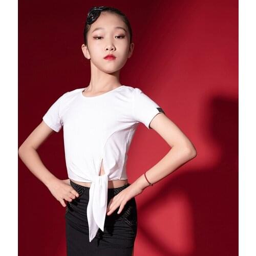 Hot Selling Short Sleeve Summer Girls Latin Dance Tops Kids Hollow Out Crew Neck Dance Crop Tops White Wrap Strip Ballroom G1137