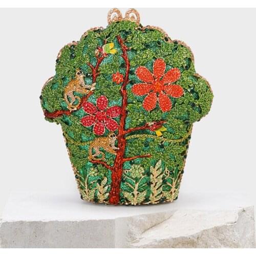 High Quality Red Crystal Clutch Hollow Out Animal Shape Leaves Floral Green Purses Best Gift Female Chain Handbags Evening Bag