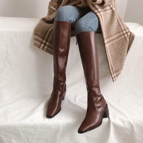 Women Boots 2020 Autumn Winter Shoes Elegant Mid Heel Khaki Leather Boots Women Fashion Zipper Black Brown High Boots Size 33-42