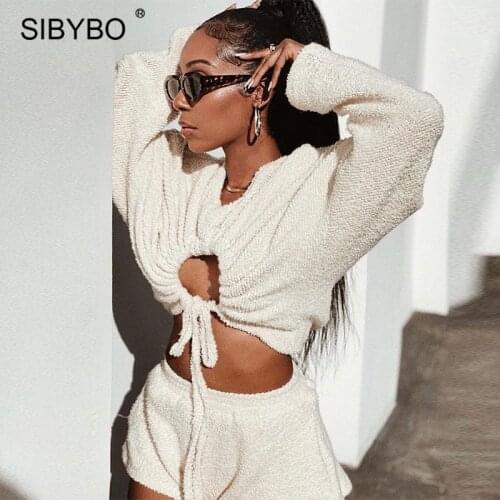 Sibybo Casual Long Sleeve Two Piece Set Women Tracksuit White Cut-Out Drawstring Crop Top And Shorts Suit 2021 Loose Lounge Wear