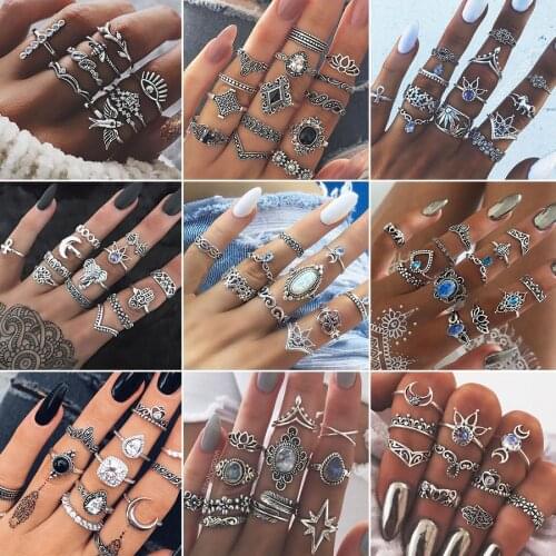 Vintage Crystal Finger Rings Set for Women Bohemian Moon Geometric Knuckle Ring Set Boho Party Anel Anillos Mujer Jewelry 2020