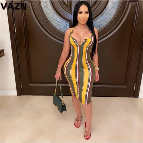 VAZN 2020 Striped Beach Party Cocktail Casual Mini Bandage Dresses Sleeveless Deep Dress Sexy Beach Dress