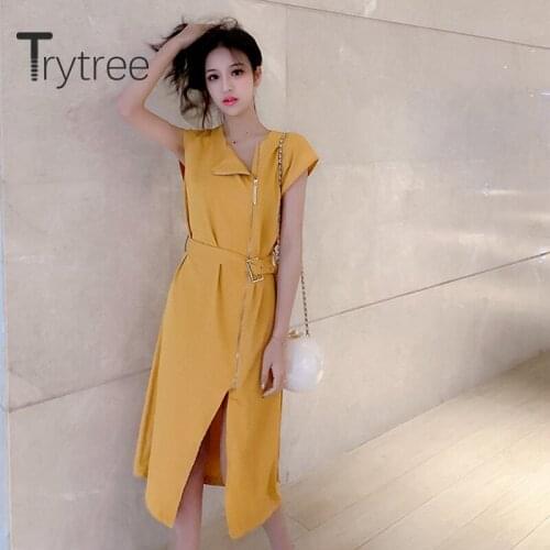 Trytree 2020 Summer Women Dress V-neck Asymmetry Solid 2 Color Belt A-line Zipper Split hem Fashion Elegant Temperament Dress
