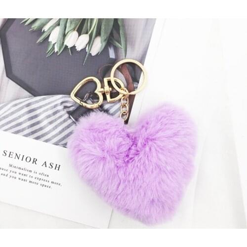 10CM Fluffy Colorful Pom Pom Faux Rabbit Fur Heart Keychains For Women Key Rings Key Holder Trendy Jewelry Bag Accessories Gift