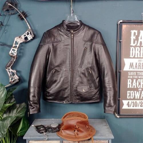Free shipping.sales cheap black men real leather jacket.classic us style cool cowhide coat.slim short motor biker leather cloth