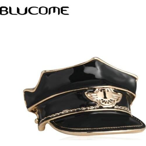 Blucome Black Police Hat Shape Brooches Badge Pins Gold Color Cospaly Uniform Clothes Accessories Women Men Brooch Souvenir Gift