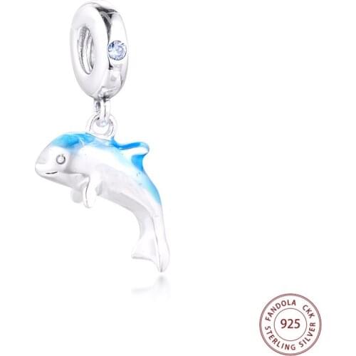 2021 Summer 925 Sterling Silver Shimmering Dolphin Dangle Charms Beads for Jewelry Making Fits Pandora Bracelet Berloques Kralen