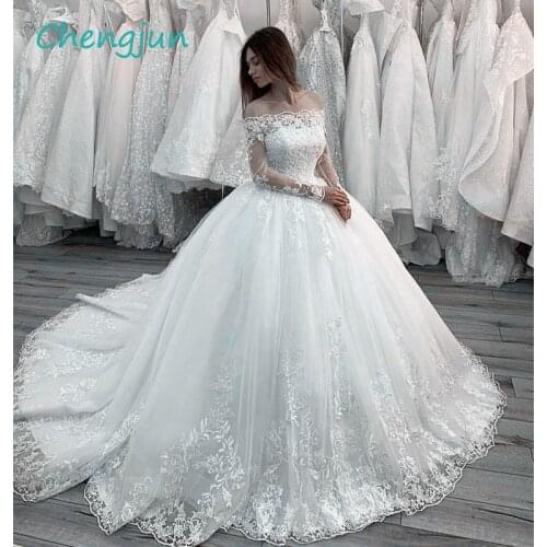 Chengjun Boat Neck Long Sleeve Ball Gown Lace Women Wedding Dress