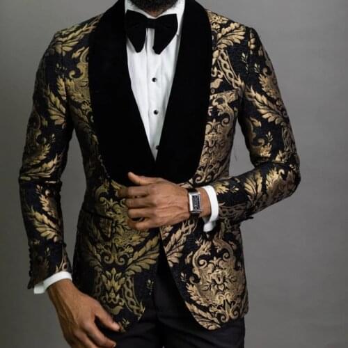 Formal Black Floral Jacquard Prom Men Suits Slim Fit with Velvet Shawl Lapel Wedding Groom Tuxedo Male Fashion Clothes 2pcs
