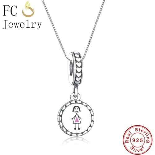 FC Jewelry 925 Sterling Silver Pink Enamel Girl Pendant Statement Necklaces Accessories For Women Link Chain Choker Gift Trinket