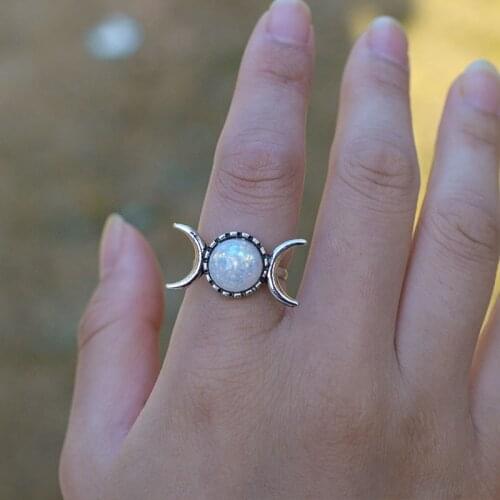 Dainty Triple Moon Ring Witch Goddess Hecate Opal Ring
