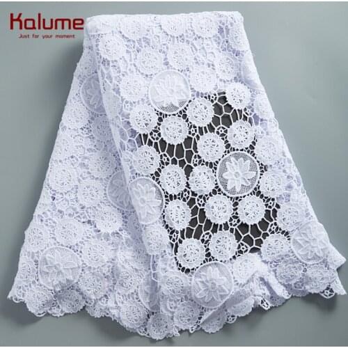 Kalume Pure White African Guipure Cord Lace Fabric Embroidery Water Soluble Cord Lace Fabric Stones For Nigerian Wedding F2284