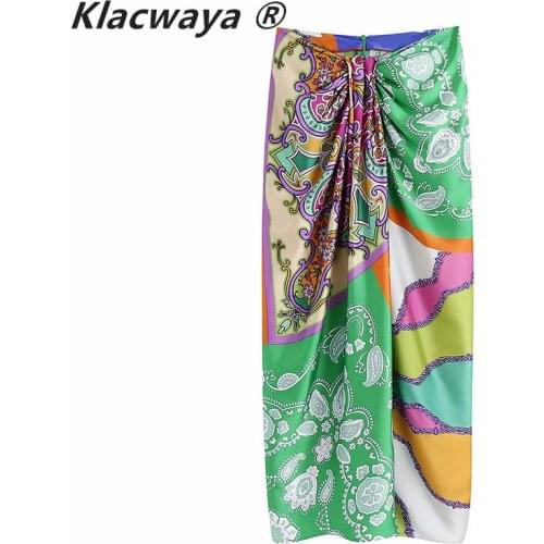 Klacwaya Women Vintage Cloth Patchwork Floral Print Knotted Sarong Skirt Faldas Mujer Female Back Zipper Chic Slim Vestidos