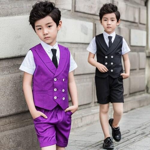 New Boys Spring Autumn Vest Suit Sets Childrens Formal Wedding Party Performance Costume Kids Vest Shorts 2pcs Outfits