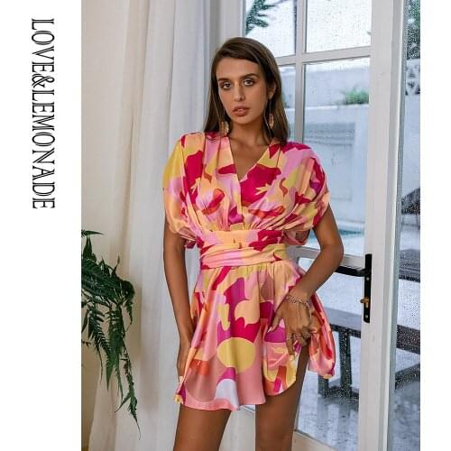 LOVE&LEMONADE Sexy Deep V-Neck Open Back A-Line Pink Plaid Print Sleeveless Mini Dress LM82548-A