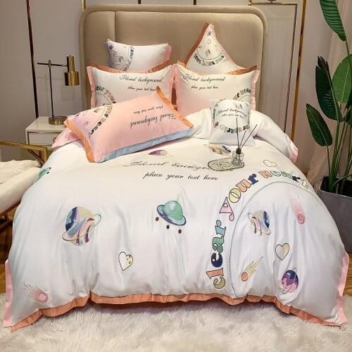 Cartoon Universe Planet Embroidery 600TC Egyptian Cotton Child Bedding Set Duvet Cover Set Flat or Fitted Bed Sheet Pillowcases