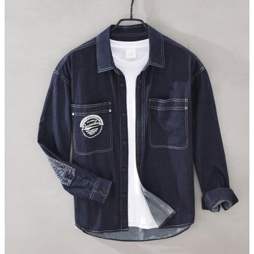 Denim Shirt For Men Long Sleeve Japan Style Autumn Winter New 98%Cotton Turn-down Collar Print Cowboy Blouse Male Clothing Y3456
