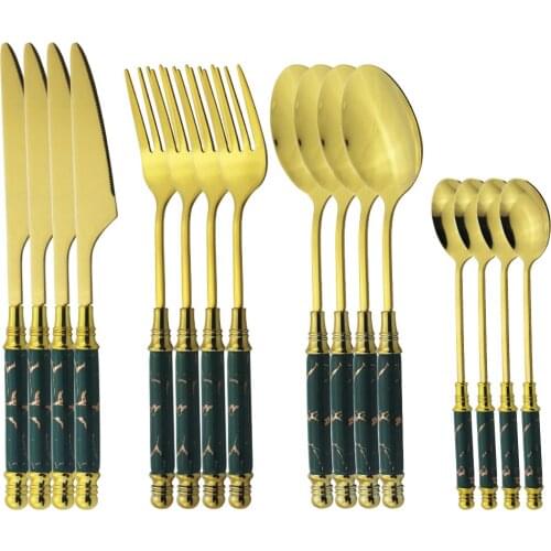 Dinnerware Set Green Gold Ceramic Handle Stainless Steel Set Table Cutlery Kitchen Set Accessories Knife Spoon and Fork Flatware