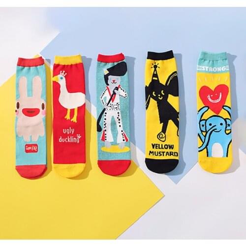 LUCKY ZONE Fashion Cartoon Pattern Tube Socks Personality Illustration Socks Women Pure Cotton Breathable Men Couple Socks XCY