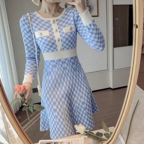 New Arriavl Summer Plaid Korean knit Runway Dresses Long Sleeve Womens Elegant Knitted Slim Fashion Dress Vestido