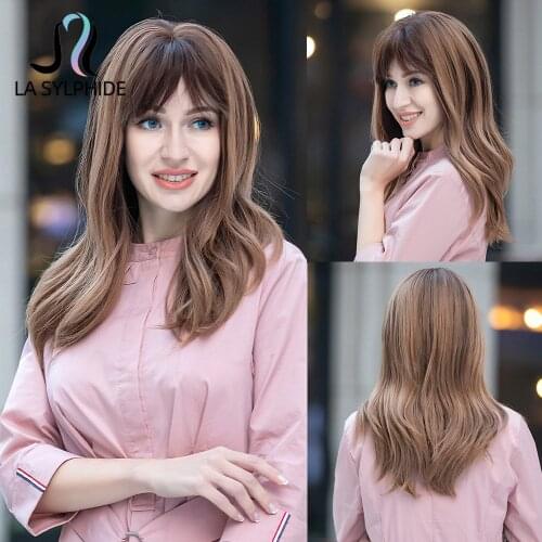 La Sylphide Medium Long Natural Wave Wig Dark Brown Ombre Brown Synthetic Wigs with Bangs for Woman Cute Wig Heat Resistant Hair