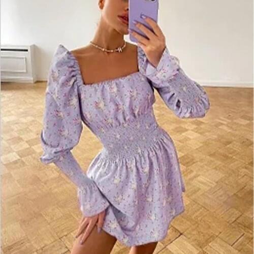 Foridol Long Sleeve Floral Print Purple Dress Vestidos Casual Autumn New Dress Ruffle Elastic Dress Robe Femme Short Dress