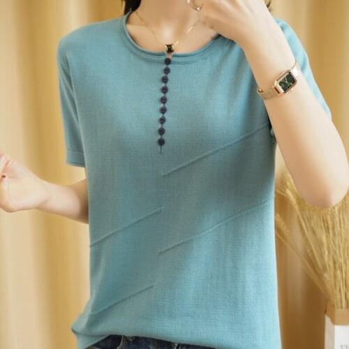 Sweater Womens Round Neck Solid Color Knitted Top Casual Loose Pullover Knitting Large Size Short Sleeve T-shirt 100% Cotton