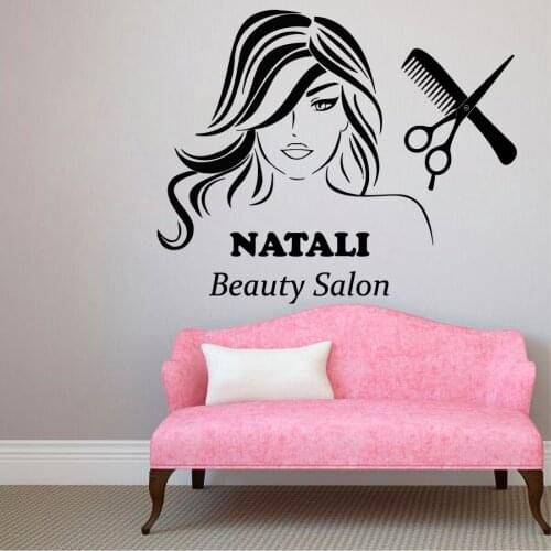 Girls Beauty Salon Wall Decal Personalized Name Vinyl Wall Stickers Interior Removable Hair Spa Haircut Custom Name Logo DIYSY17