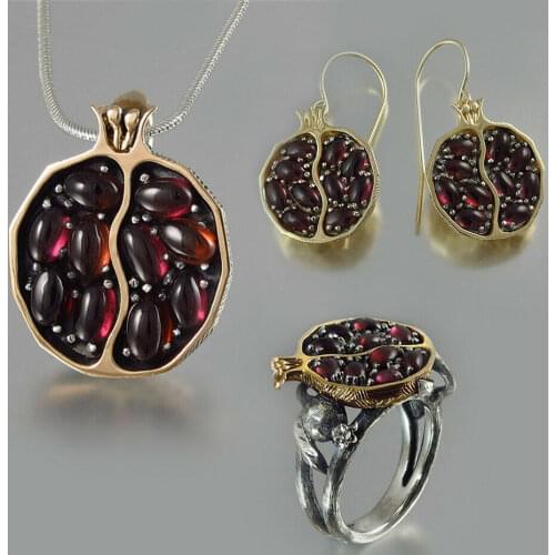 Vintage Round Red Pomegranate Garnet Pendant Necklace For Woman Girl CZ Stone Pendant Drop Earrings Wedding Rings Jewelry