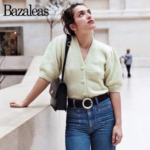 Bazaleas Vintage Green pistache High quality cotton women Sweater V Neck Buttons harajuku Kintted Carfigans Casual Drop shipping