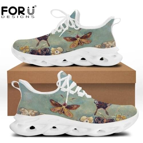 FORUDESIGNS Flower Insect Prints Light Women Flats Shoes Comfort Hard-Wearing Female Sneakers Lace-up Fashion Footwear for Girls