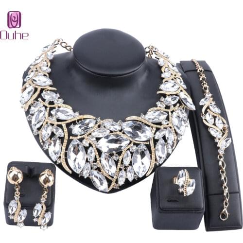 Women Bridal Wedding Party Jewelry Sets Crystal Gem Pendant Necklace Earrings Bracelet Ring Accessories Decoration