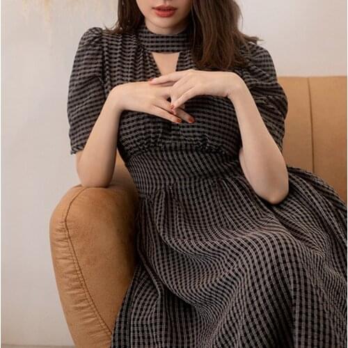 Sexy Feminino Hollow Out Design Vestidos Japanese Elegant Chic Stripes Woman Dress Autumn 2021 Puff Sleeve High Waist Robe