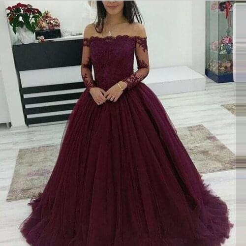 JIERUIZE Dark Purple Wedding Dresses Long Sleeves Boat Neck Lace Appliques Lace Up Back Princess Bridal Gowns robe de mariee