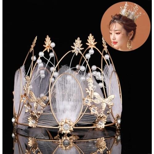 1pcs Feather Round Princess Crown Tiaras Handmade Pearl Wedding Bridal Hair Accessories Hair Jewelry