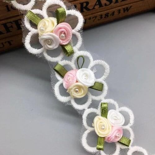 5pcs Pearl Beaded Rose Flower Pearl Lace Trim s Trimmings Applique Craft Laces Ribbon DIY Sewing for Wedding Dress Veil