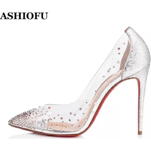 ASHIOFU New Hot Sale Handmade Ladies High Heel Pumps PVC Leather See-through Party Dress Shoes Evening Fashion Pumps Court Shoes