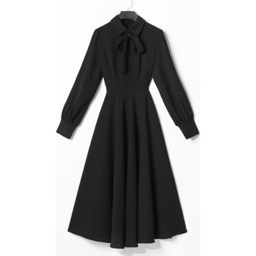 Audrey Hepburn Style Black Dress Elegant Temperament Slim Dress With Suit Bow Tie 2020 Autumn Women Clothing