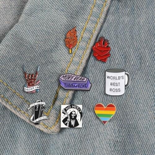 Punk Enamel Pins Heart Coffin Brooches Grim Reaper Art Skull Lapel Pin Badges Burning Match Shirt Bag Jewelry Gifts Wholesale