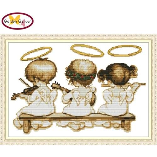 GG Three Little Angels Painting Cross Stitch Kits Folded Embroidery Needleworks Joy Sunday Printed Cross Stitch for Home Decor