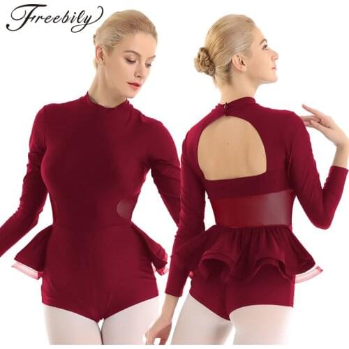 Adults Long Sleeves Ruffled Ballet Gymnastics Leotard Bodysuit Women Figure Ice Skating Dress Competition Performance Costume