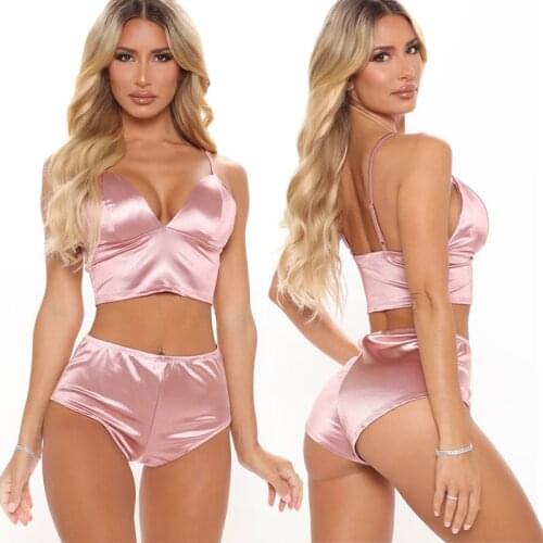 2Pcs Bra Briefs Set Women Pink Satin Underwear Deep V Bra And Panty Sets High Waist Seamless Bralette Crop Top Sexy Lingerie Set