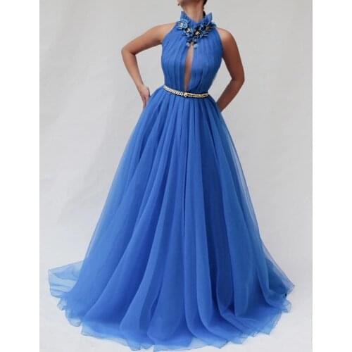 Royal Blue Long Tulle Flowers Crystals Prom Dresses 2021 O Neck Formal Evening Dress Robe De Soiree
