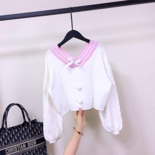 Bowknot short sweater women autumn/winter 2021 new hedging western style all-match V-neck color-blocking knitted top