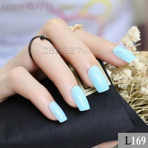 24pcs azure sky blue Fake Finger Nails Bent Flat Long Size Acrylic False Nails comfortable DIY R27 L169