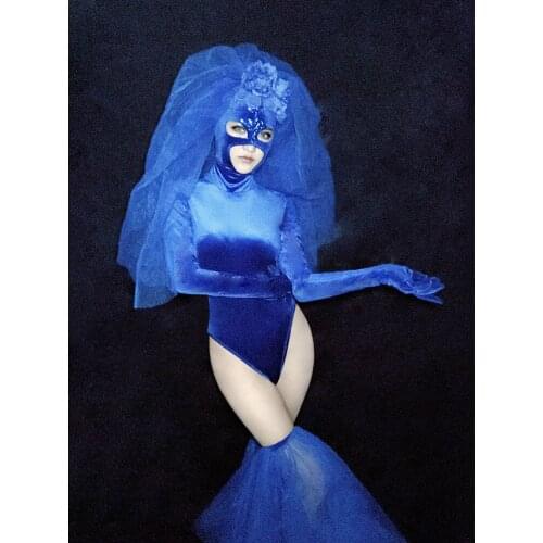 Valentines Day Nightclub Bar Party Show Dance Wear Sexy DJ Singer Dance Team Performance Costume Blue Mask Bodysuit Stage Wears