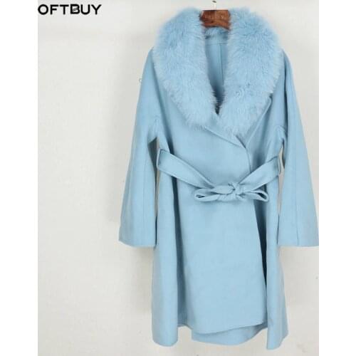 OFTBUY 2020 Real Fur Coat Winter Jacket Women Loose Natural Fox Fur Collar Cashmere Wool Blends Long Outerwear Belt Streetwear