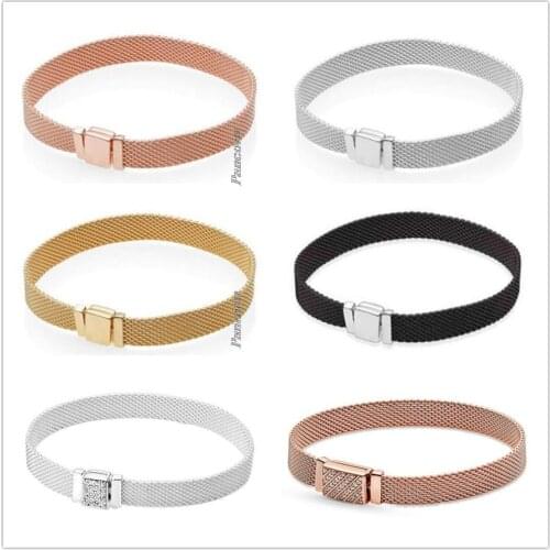 Original 925 Sterling Silver Rose Gold Woven Mesh Reflexions Bracelets Bangle Fit Women Bead Charm Diy Fashion Jewelry